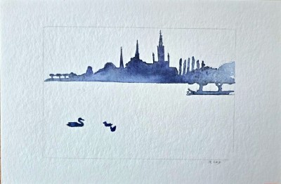 Aquarellbild mit  abstrahierten Booten im Hafen in der Nacht mit bunten Lichtern und Reflexen auf dem Wasser